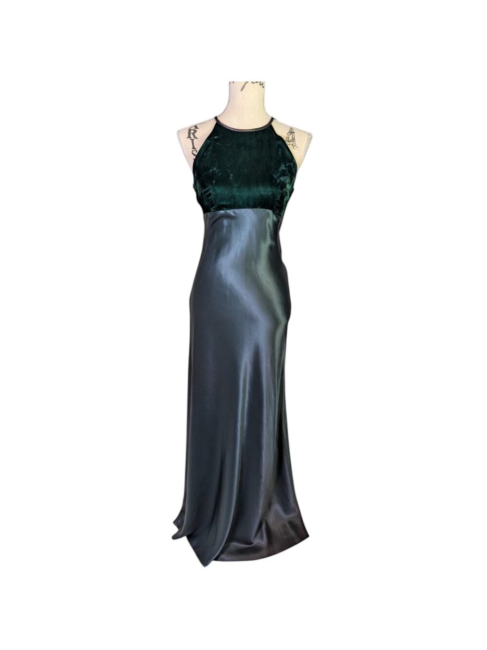 Vintage 90s Zum Zum Green Velvet Satin Formal Gown Corset Back Maxi Dress